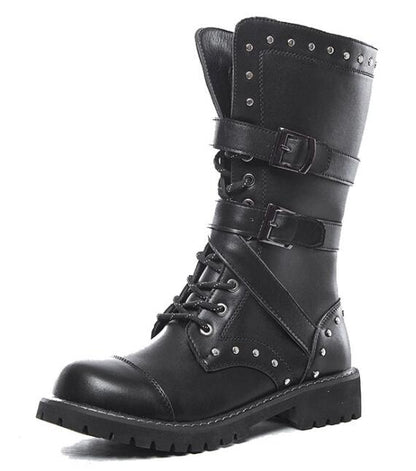 Men's Leather Motorcycle Boots Mid-calf Military Combat Boots Gothic Belt Punk Boots Men Shoes Tactical Army Boot - Amazhona 