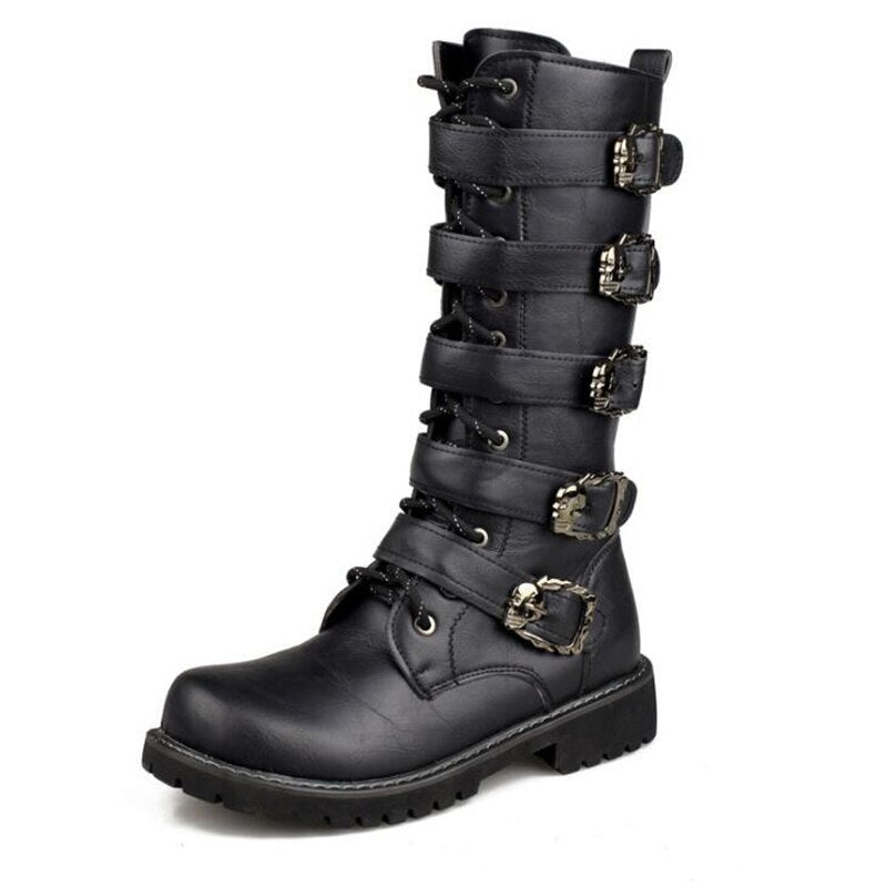 Men's Leather Motorcycle Boots Mid-calf Military Combat Boots Gothic Belt Punk Boots Men Shoes Tactical Army Boot - Amazhona 