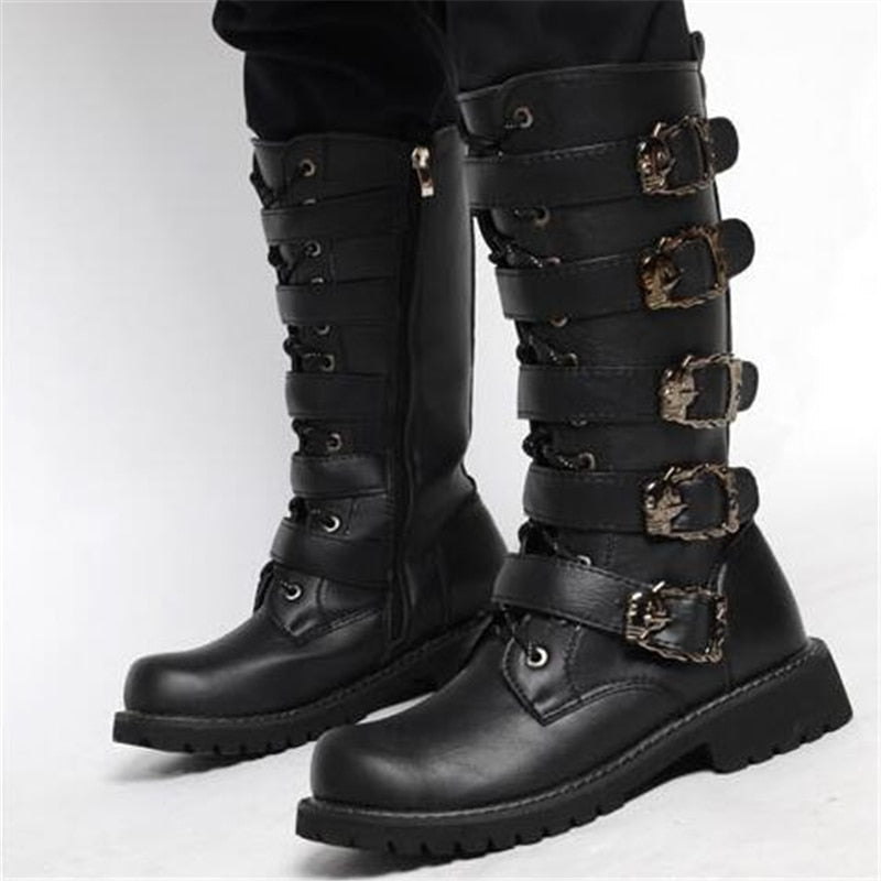 Men's Leather Motorcycle Boots Mid-calf Military Combat Boots Gothic Belt Punk Boots Men Shoes Tactical Army Boot - Amazhona 