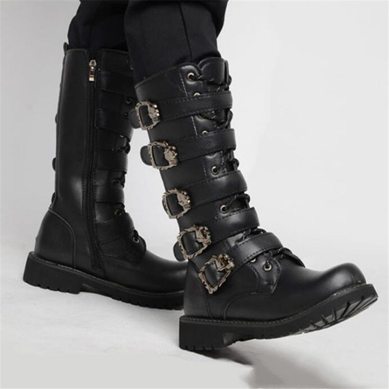 Men's Leather Motorcycle Boots Mid-calf Military Combat Boots Gothic Belt Punk Boots Men Shoes Tactical Army Boot - Amazhona 