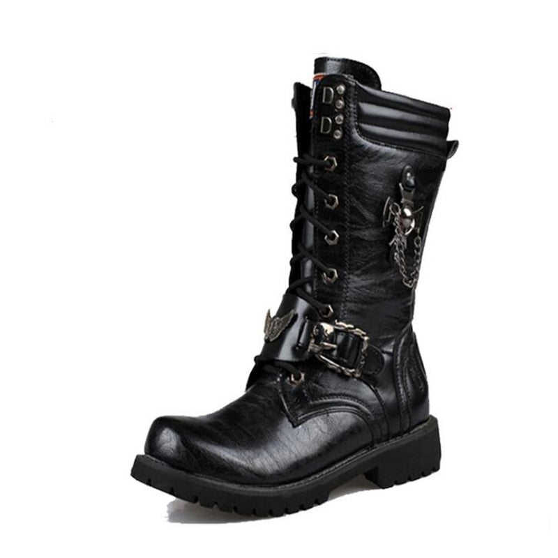 Men's Leather Motorcycle Boots Mid-calf Military Combat Boots Gothic Belt Punk Boots Men Shoes Tactical Army Boot - Amazhona 