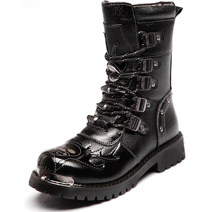 Men's Leather Motorcycle Boots Mid-calf Military Combat Boots Gothic Belt Punk Boots Men Shoes Tactical Army Boot - Amazhona 