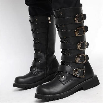 Men's Leather Motorcycle Boots Mid-calf Military Combat Boots Gothic Belt Punk Boots Men Shoes Tactical Army Boot - Amazhona 