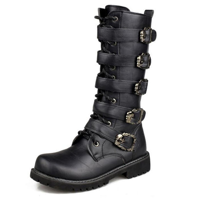 Men's Leather Motorcycle Boots Mid-calf Military Combat Boots Gothic Belt Punk Boots Men Shoes Tactical Army Boot - Amazhona 