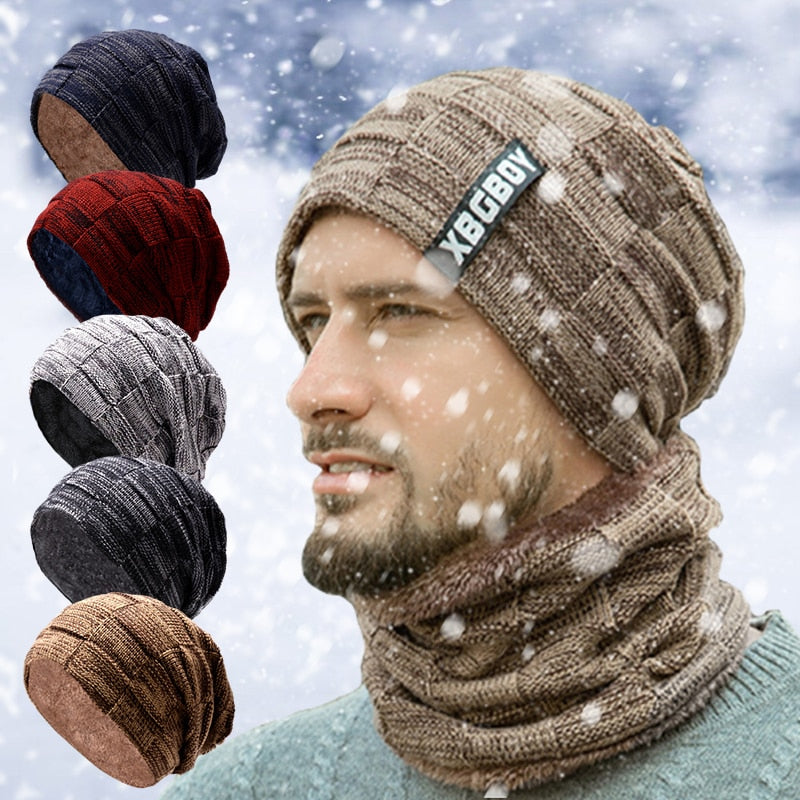 Mens Beanie Hat 2pcs Ski Cap And Scarf Winter Warm Woolly Hats Knit Ribbed Hiking Outdoor Plus Velvet Thicken Hedging Caps - Amazhona 