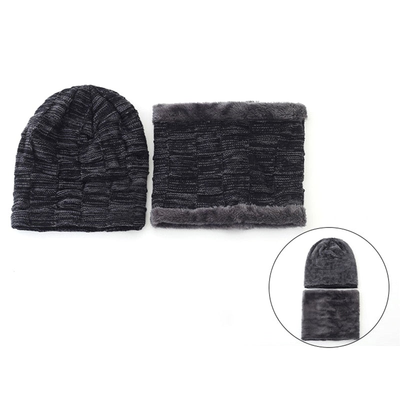 Mens Beanie Hat 2pcs Ski Cap And Scarf Winter Warm Woolly Hats Knit Ribbed Hiking Outdoor Plus Velvet Thicken Hedging Caps - Amazhona 