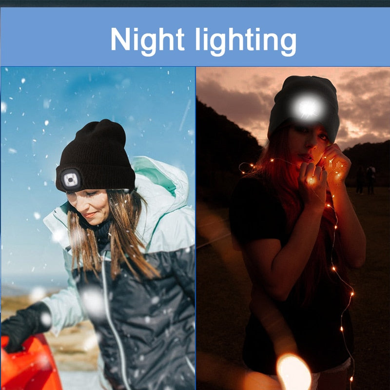 Mens Women Beanie Hat LED Light USB Rechargeable Battery Knitted Warm hat Walking night running mountain climbing hat - Amazhona 