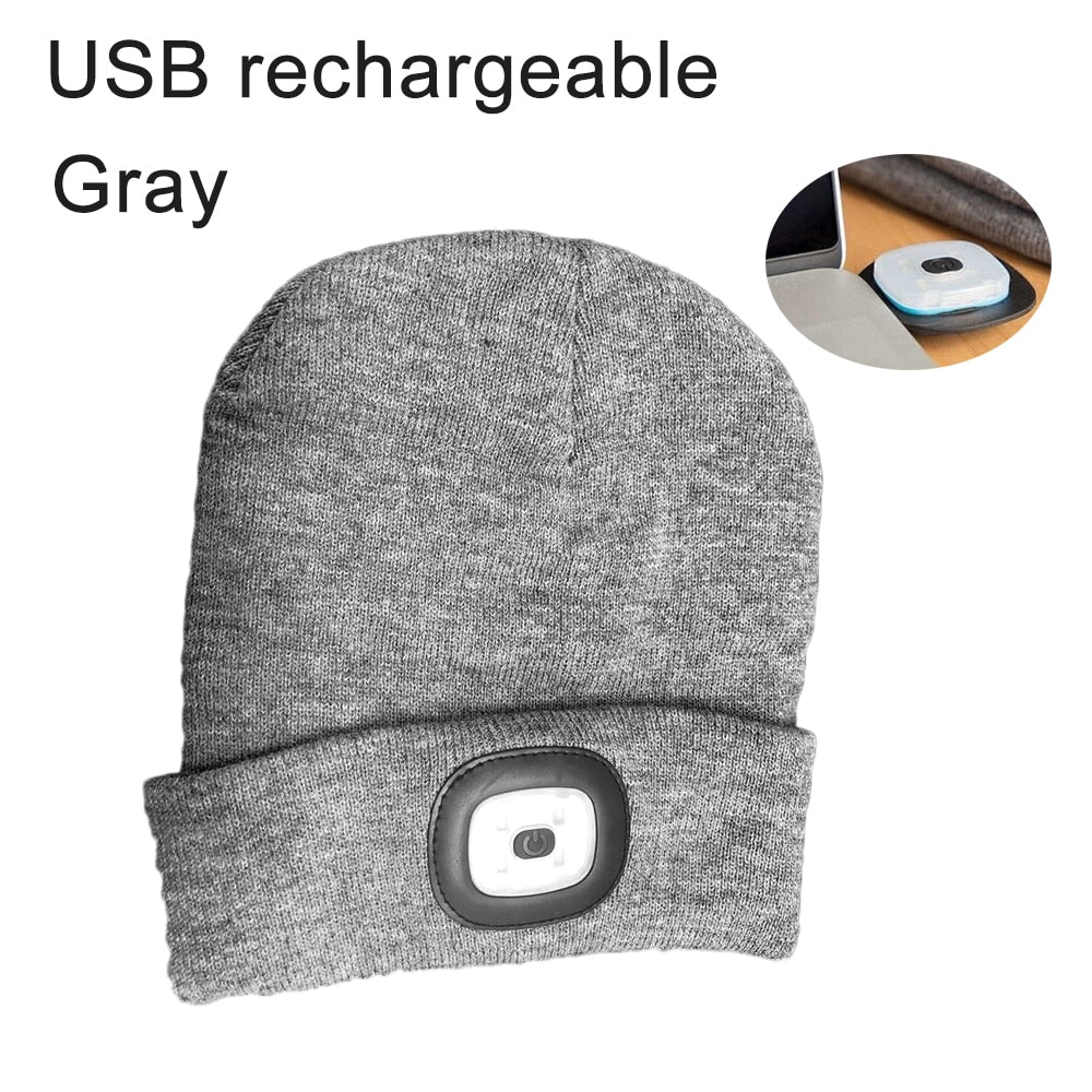 Mens Women Beanie Hat LED Light USB Rechargeable Battery Knitted Warm hat Walking night running mountain climbing hat - Amazhona 