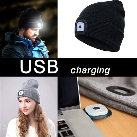 Mens Women Beanie Hat LED Light USB Rechargeable Battery Knitted Warm hat Walking night running mountain climbing hat - Amazhona 