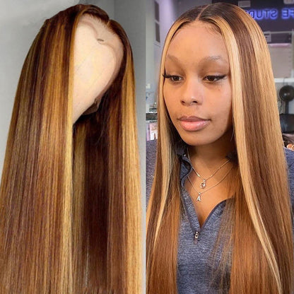 Mid-length straight hair brown pick golden long hair synthetic headgear - Amazhona 