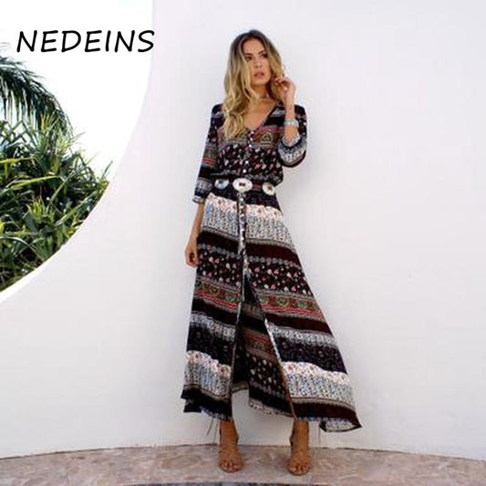 NEDEINS 2020 Summer Boho Beach Dress Fashion Floral Print Ethnic Long Maxi Dress Woman Party Night Elegant Dress - Amazhona 