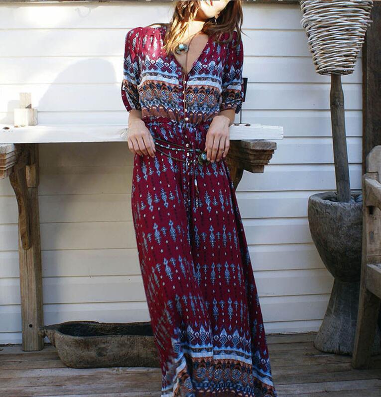 NEDEINS 2020 Summer Boho Beach Dress Fashion Floral Print Ethnic Long Maxi Dress Woman Party Night Elegant Dress - Amazhona 