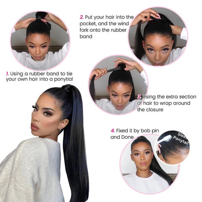 Natural Black Velcro Ponytail Straight Hair Wig - Amazhona 