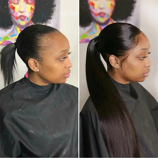 Natural Black Velcro Ponytail Straight Hair Wig - Amazhona 