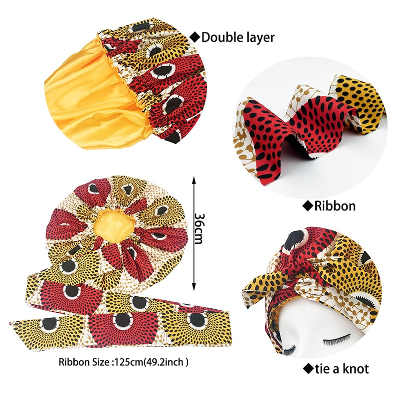 New African Ankara Pattern Satin Linned Bonnet Women Long Ribbon Headwrap Double Layer Headscarf Big Size Adult Hair Cover - Amazhona 