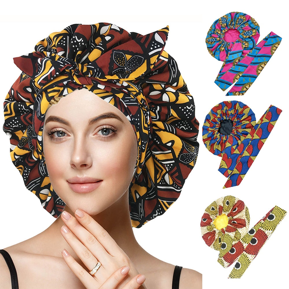 New African Ankara Pattern Satin Linned Bonnet Women Long Ribbon Headwrap Double Layer Headscarf Big Size Adult Hair Cover - Amazhona 