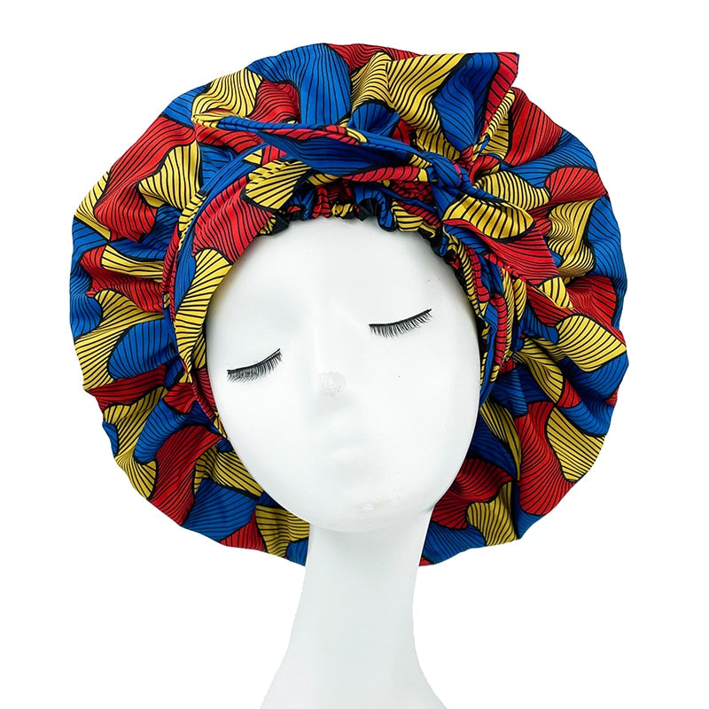 New African Ankara Pattern Satin Linned Bonnet Women Long Ribbon Headwrap Double Layer Headscarf Big Size Adult Hair Cover - Amazhona 