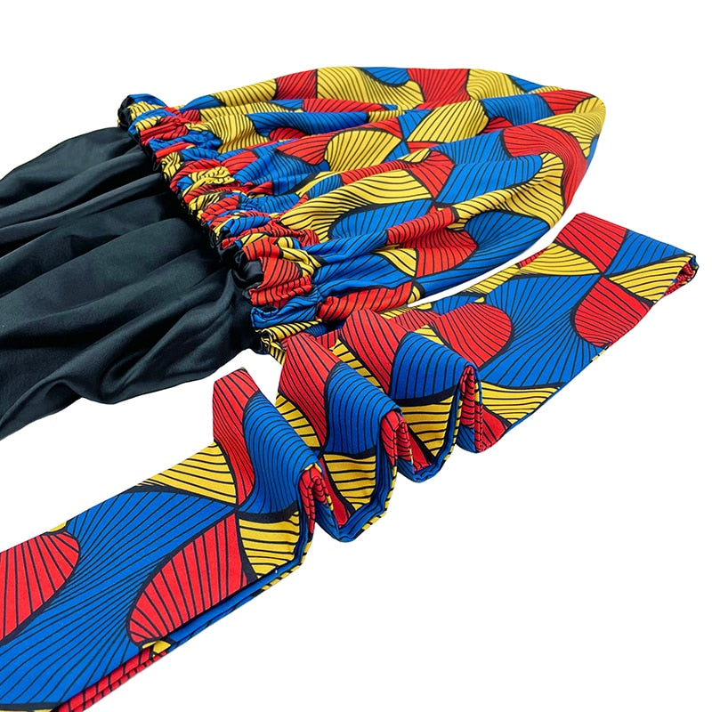 New African Ankara Pattern Satin Linned Bonnet Women Long Ribbon Headwrap Double Layer Headscarf Big Size Adult Hair Cover - Amazhona 