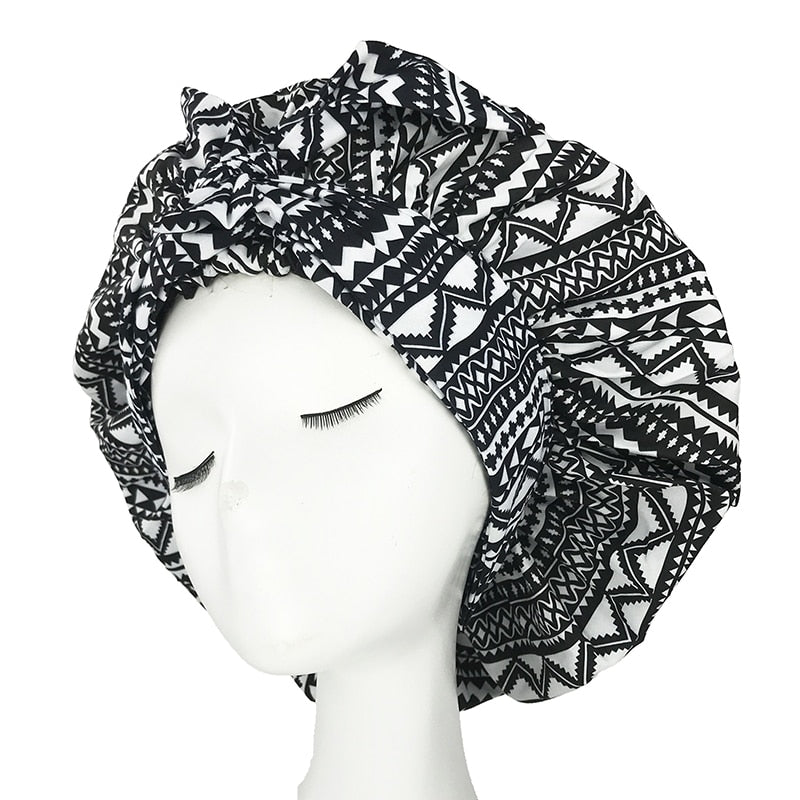 New African Ankara Pattern Satin Linned Bonnet Women Long Ribbon Headwrap Double Layer Headscarf Big Size Adult Hair Cover - Amazhona 