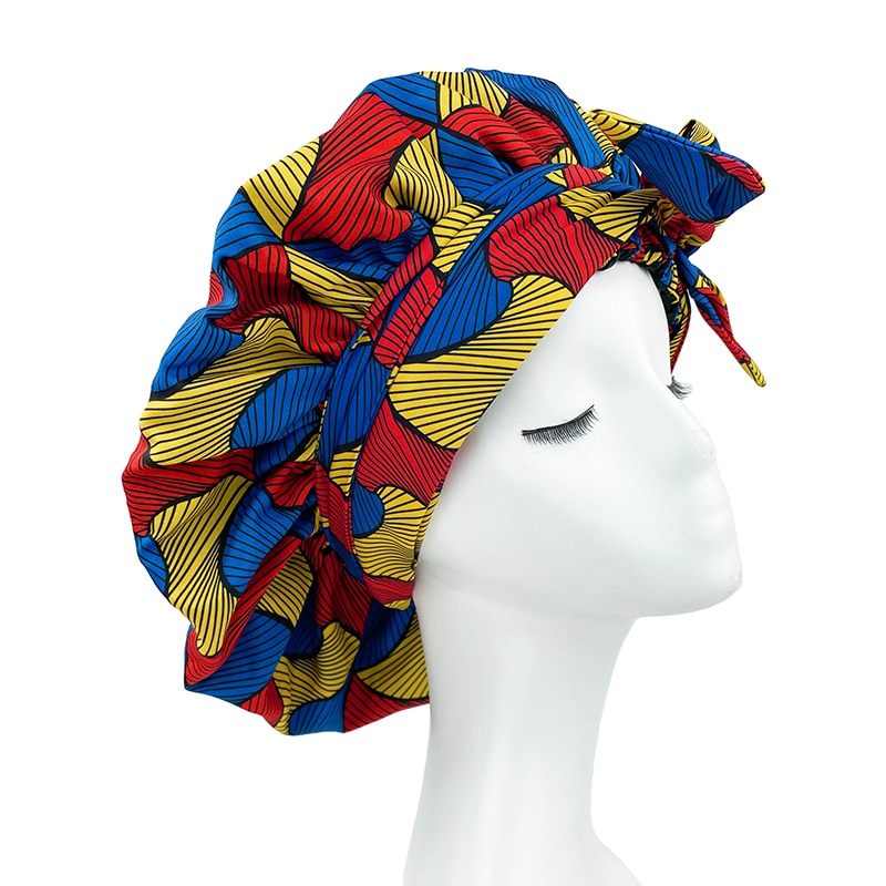 New African Ankara Pattern Satin Linned Bonnet Women Long Ribbon Headwrap Double Layer Headscarf Big Size Adult Hair Cover - Amazhona 