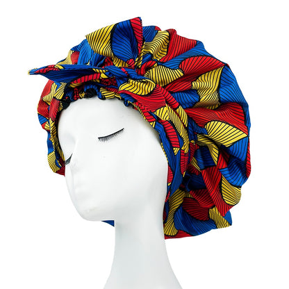 New African Ankara Pattern Satin Linned Bonnet Women Long Ribbon Headwrap Double Layer Headscarf Big Size Adult Hair Cover - Amazhona 