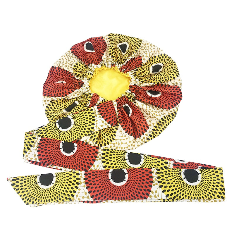 New African Ankara Pattern Satin Linned Bonnet Women Long Ribbon Headwrap Double Layer Headscarf Big Size Adult Hair Cover - Amazhona 