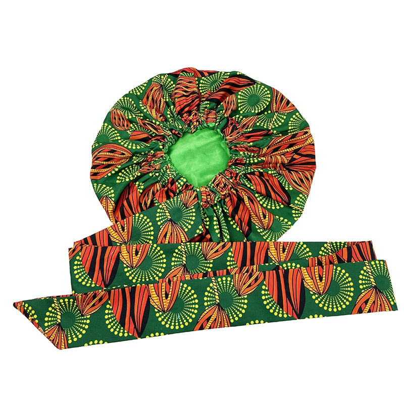 New African Ankara Pattern Satin Linned Bonnet Women Long Ribbon Headwrap Double Layer Headscarf Big Size Adult Hair Cover - Amazhona 