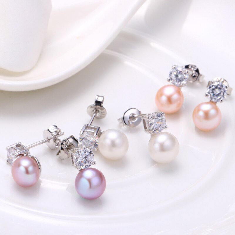 New Fashion 925 Sterling Silver Natural Freshwater Pearl Earrings Fine Jewelry Gifts for Women White/Pink/Purple/Black/Gray - Amazhona 