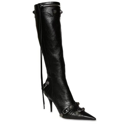 New Fashion Luxury Pointed Toe Stiletto Women's Shoes Retro Metal Buckle Zipper Knee High Boots Slim Tassel Boots Women Size 43 - Amazhona 