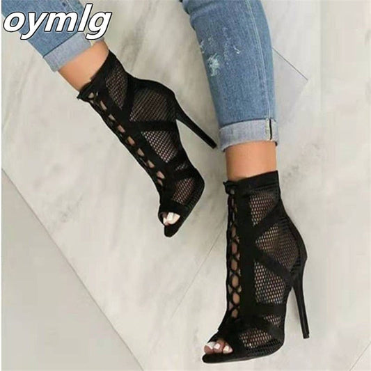 New Fashion show Black Net Fabric Cross strap Sexy high heel Sandals Woman shoes Pumps Lace-up Peep Toe Sandals Casual Mesh - Amazhona 