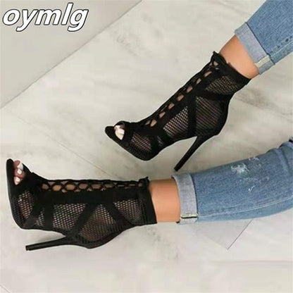 New Fashion show Black Net Fabric Cross strap Sexy high heel Sandals Woman shoes Pumps Lace-up Peep Toe Sandals Casual Mesh - Amazhona 