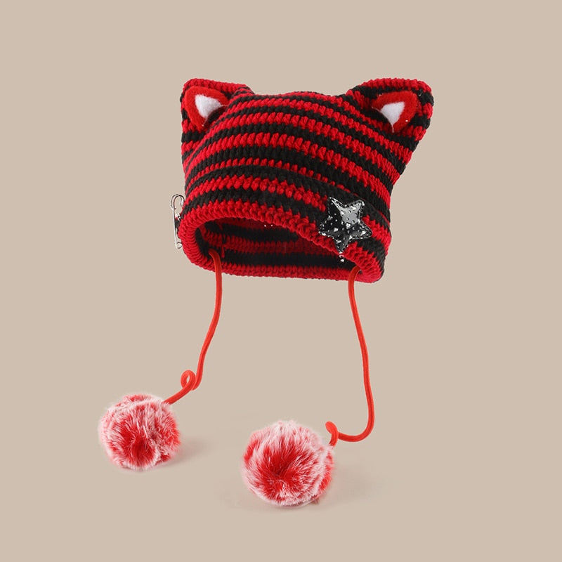 New Japanese Beanie Hat Ins Little Devil Striped Knitted Wool Cap Autumn and Winter Cute Cat Ears Pointed Pullover Women's Hats - Amazhona 