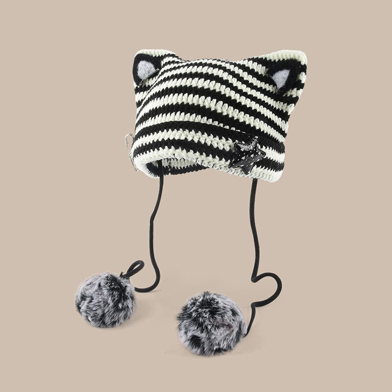 New Japanese Beanie Hat Ins Little Devil Striped Knitted Wool Cap Autumn and Winter Cute Cat Ears Pointed Pullover Women's Hats - Amazhona 