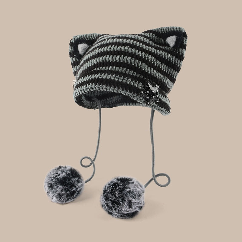 New Japanese Beanie Hat Ins Little Devil Striped Knitted Wool Cap Autumn and Winter Cute Cat Ears Pointed Pullover Women's Hats - Amazhona 