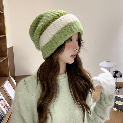 New Japanese Beanie Hat Ins Little Devil Striped Knitted Wool Cap Autumn and Winter Cute Cat Ears Pointed Pullover Women's Hats - Amazhona 