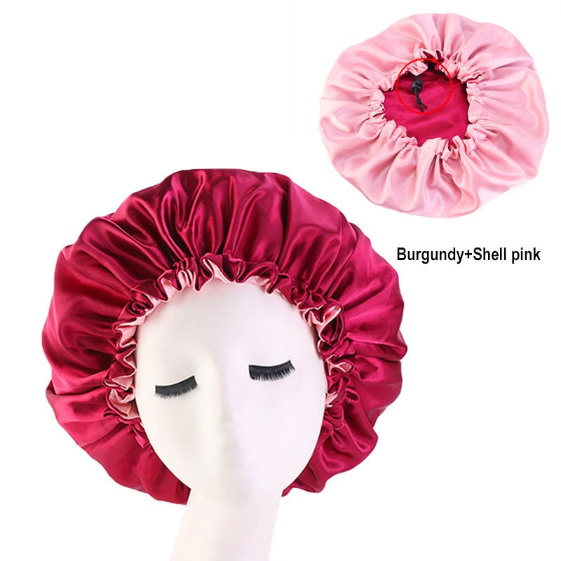 New Large Satin Bonnet Silk Night Sleeping Cap Long Satin Bonnet With Head Tie Band Bonnet Edge Wrap For Women Curly Braid Hair - Amazhona 