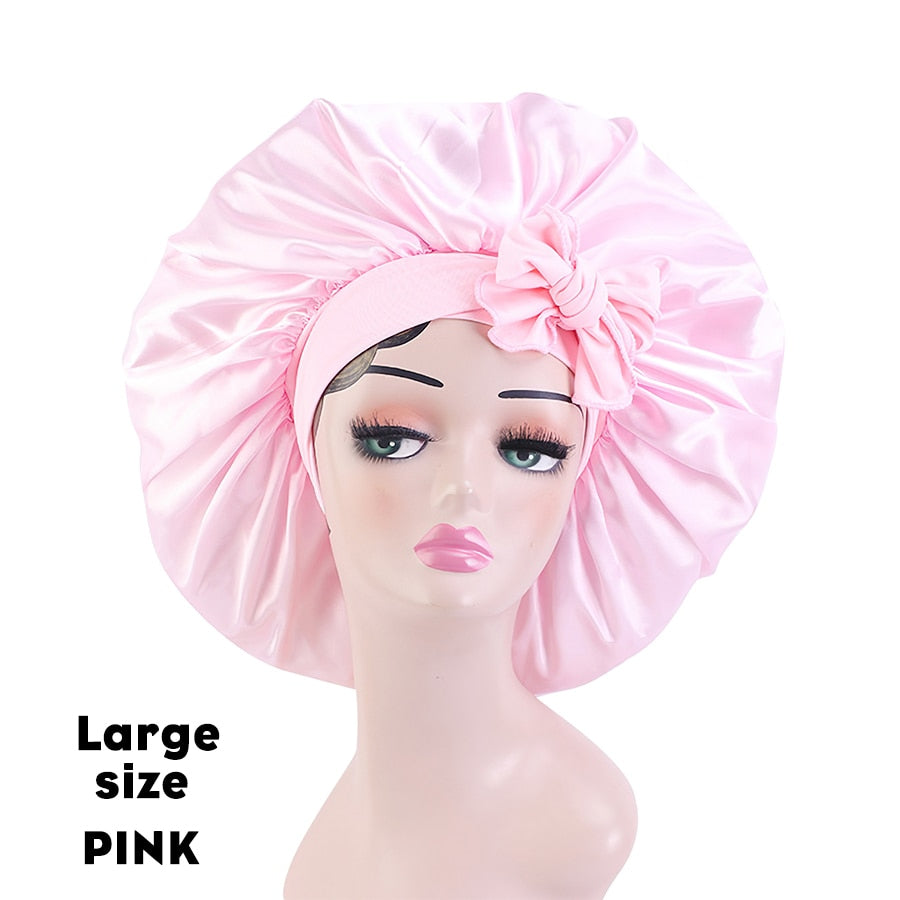 New Large Satin Bonnet Silk Night Sleeping Cap Long Satin Bonnet With Head Tie Band Bonnet Edge Wrap For Women Curly Braid Hair - Amazhona 