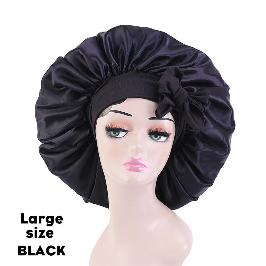 New Large Satin Bonnet Silk Night Sleeping Cap Long Satin Bonnet With Head Tie Band Bonnet Edge Wrap For Women Curly Braid Hair - Amazhona 