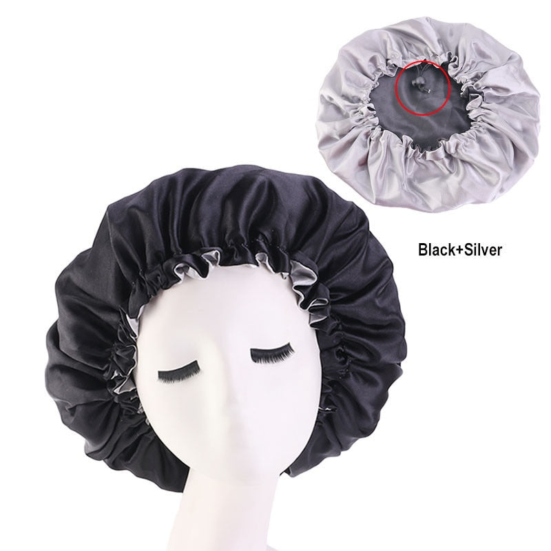 New Large Satin Bonnet Silk Night Sleeping Cap Long Satin Bonnet With Head Tie Band Bonnet Edge Wrap For Women Curly Braid Hair - Amazhona 