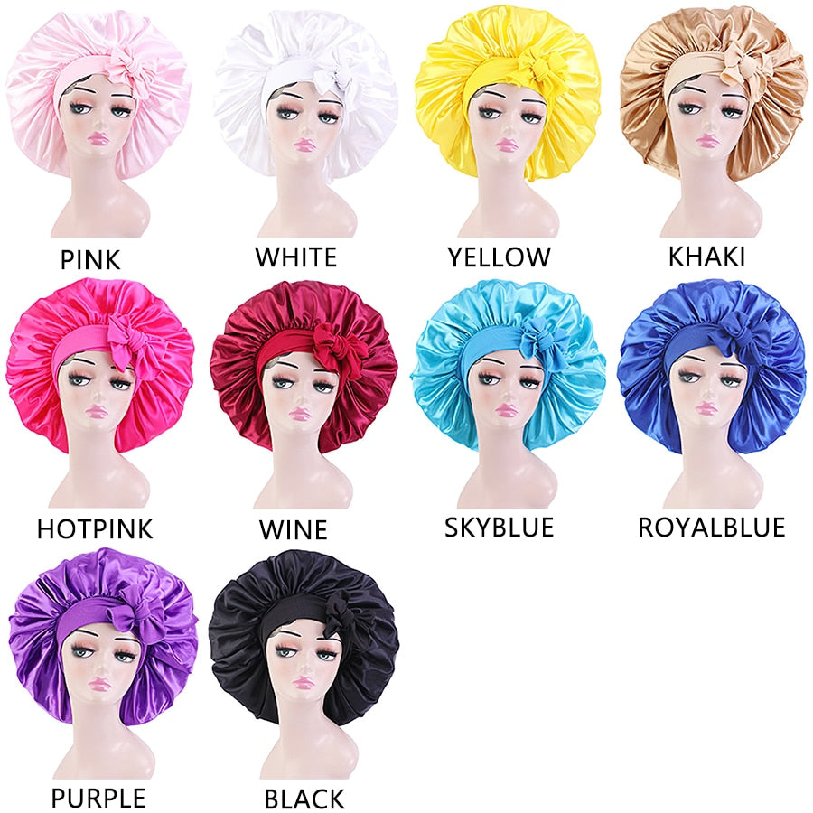 New Large Satin Bonnet Silk Night Sleeping Cap Long Satin Bonnet With Head Tie Band Bonnet Edge Wrap For Women Curly Braid Hair - Amazhona 