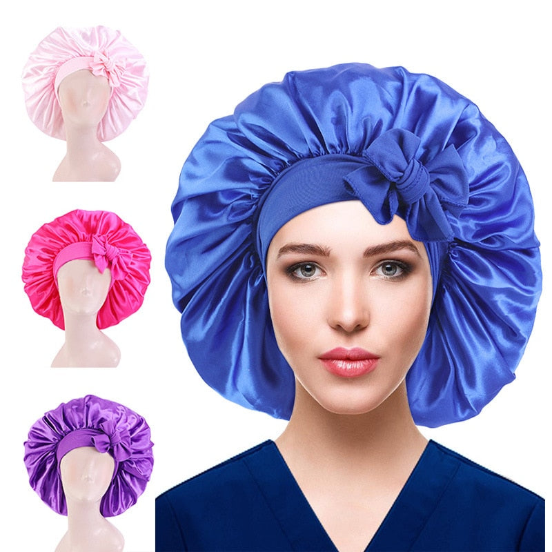 New Large Satin Bonnet Silk Night Sleeping Cap Long Satin Bonnet With Head Tie Band Bonnet Edge Wrap For Women Curly Braid Hair - Amazhona 