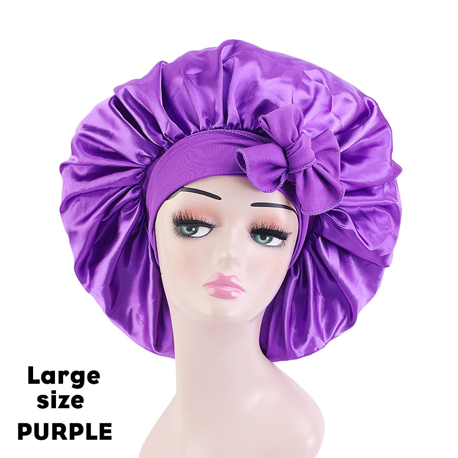 New Large Satin Bonnet Silk Night Sleeping Cap Long Satin Bonnet With Head Tie Band Bonnet Edge Wrap For Women Curly Braid Hair - Amazhona 