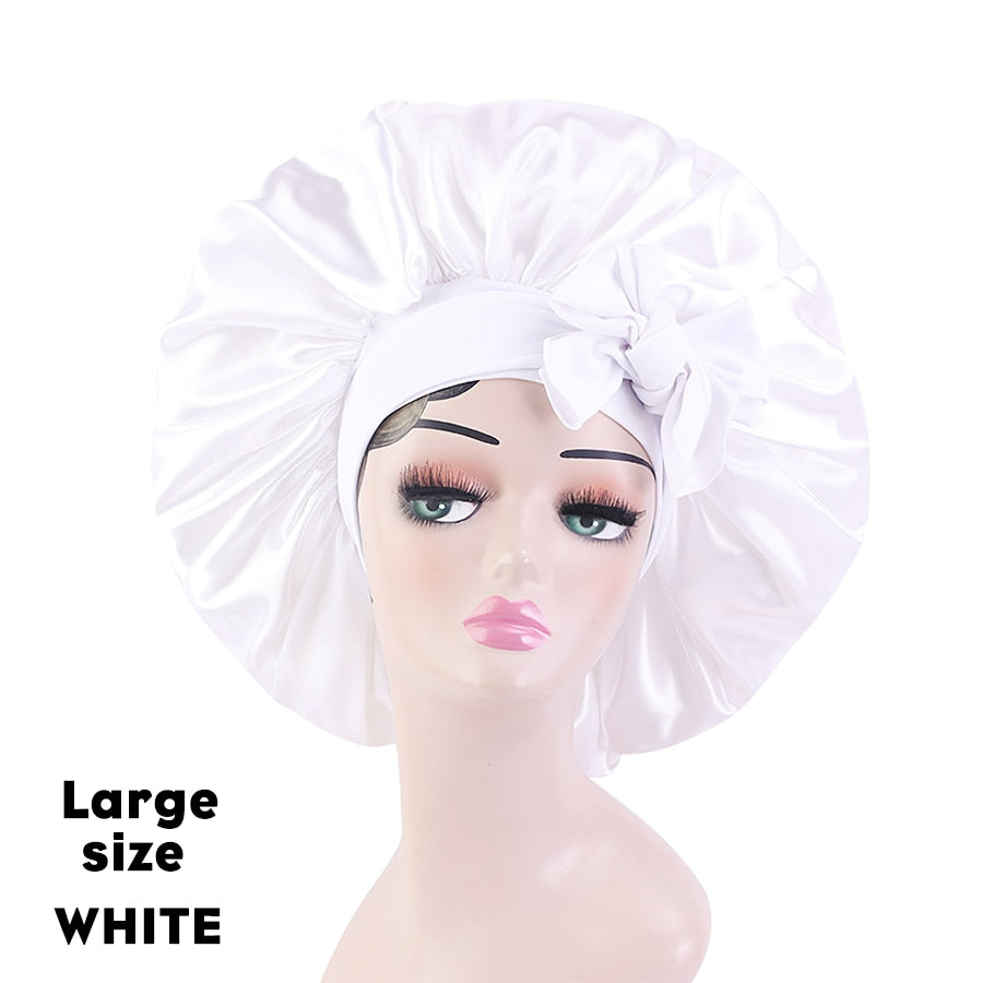 New Large Satin Bonnet Silk Night Sleeping Cap Long Satin Bonnet With Head Tie Band Bonnet Edge Wrap For Women Curly Braid Hair - Amazhona 