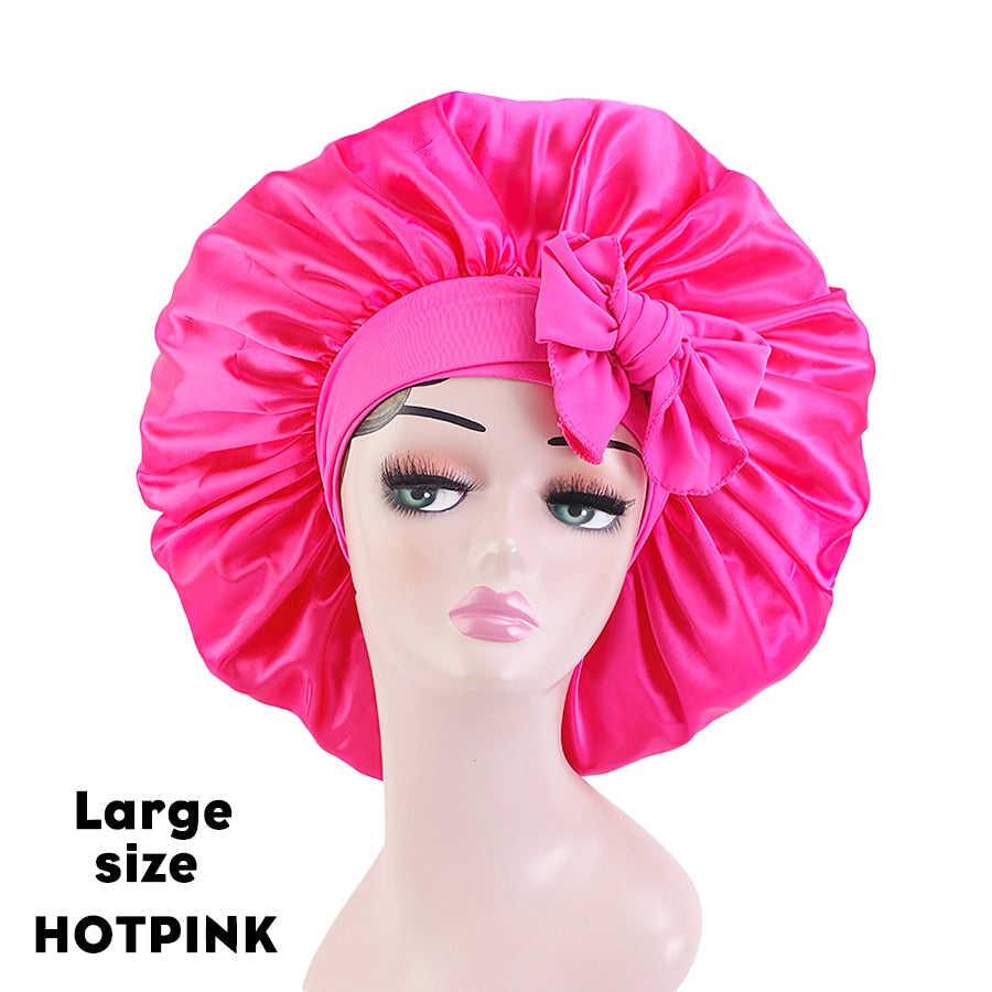 New Large Satin Bonnet Silk Night Sleeping Cap Long Satin Bonnet With Head Tie Band Bonnet Edge Wrap For Women Curly Braid Hair - Amazhona 