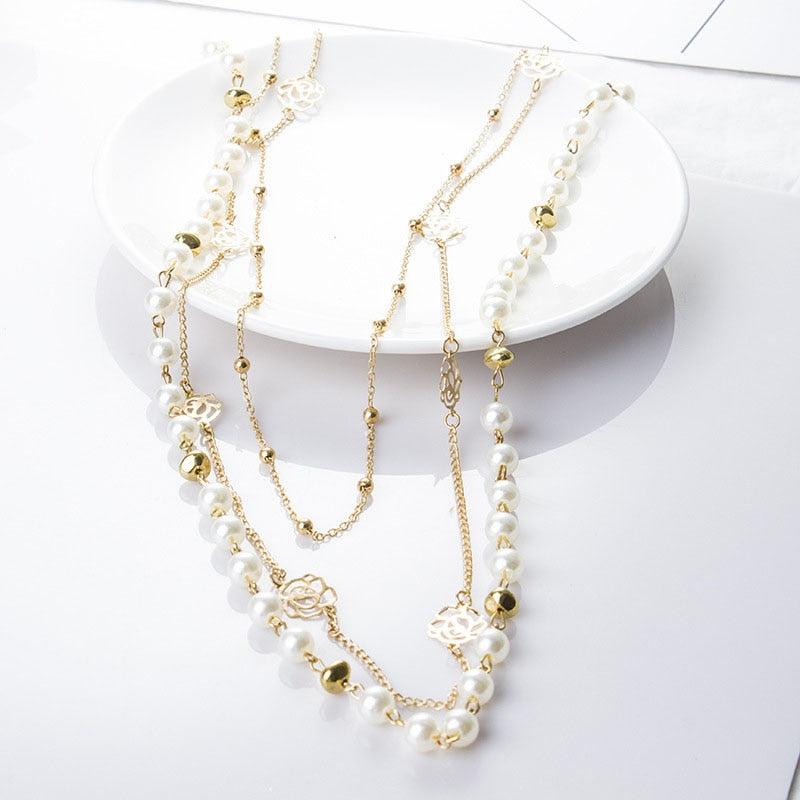 New Long Double Layer Simulated Pearl Necklace Women Sweater Chain Necklace Female Collares Statement Jewlery Wholesale 2022 - Amazhona 