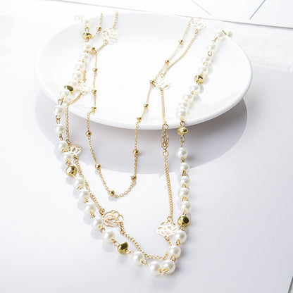 New Long Double Layer Simulated Pearl Necklace Women Sweater Chain Necklace Female Collares Statement Jewlery Wholesale 2022 - Amazhona 