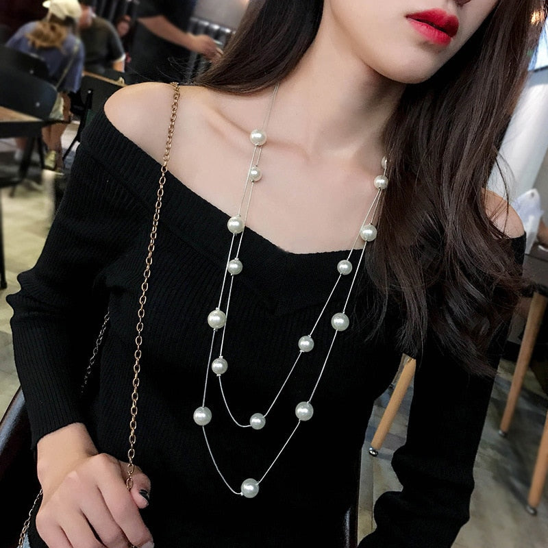 New Long Double Layer Simulated Pearl Necklace Women Sweater Chain Necklace Female Collares Statement Jewlery Wholesale 2022 - Amazhona 