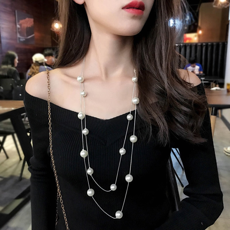 New Long Double Layer Simulated Pearl Necklace Women Sweater Chain Necklace Female Collares Statement Jewlery Wholesale 2022 - Amazhona 