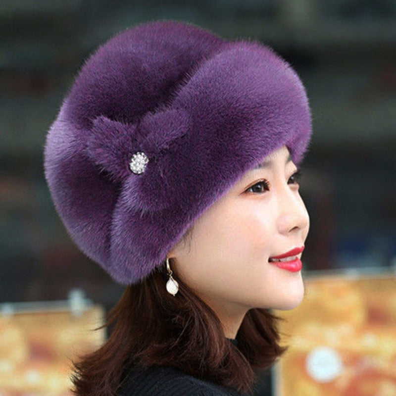 New Russian Fur Ski Hat Winter Warm Imitation Mink Fur Caps For Women Earflap Fisherman Earwarmer Hat Floral Basin Cap - Amazhona 