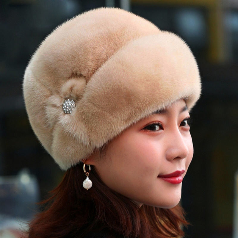 New Russian Fur Ski Hat Winter Warm Imitation Mink Fur Caps For Women Earflap Fisherman Earwarmer Hat Floral Basin Cap - Amazhona 